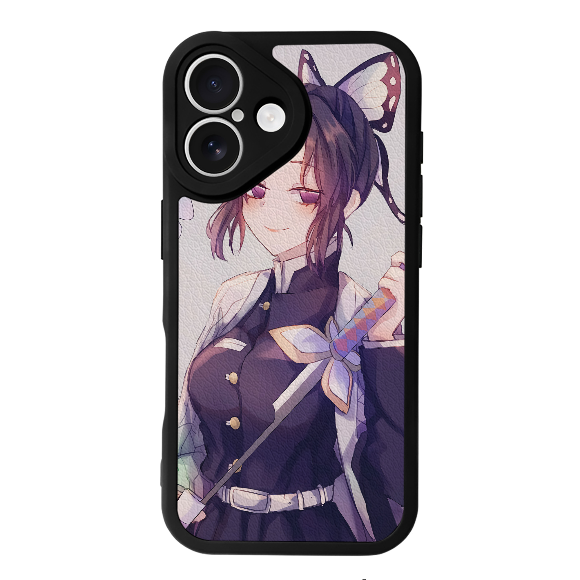 （画像用） 鬼滅の刃（きめつのやいば）蟲柱-胡蝶 しのぶ／こちょう しのぶ Kochou Shinobu 【iPhone 16シリーズ対応】シリコンスマホケース（レザー調） 材質：シリコン